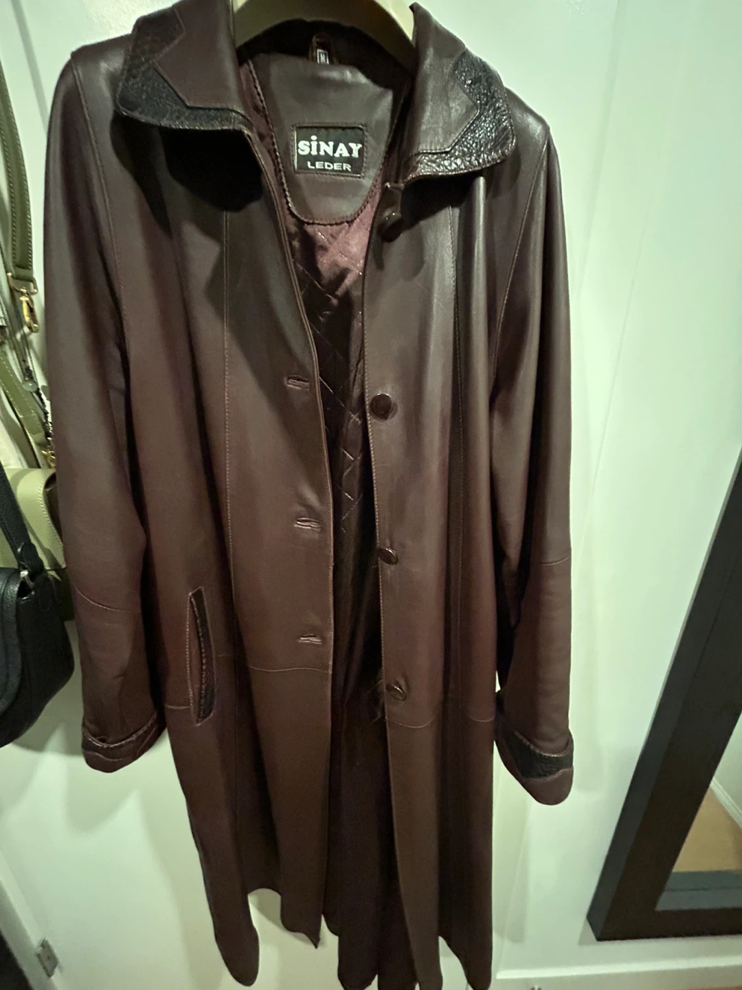 Burgundy Long Leather Coat with Textured Trim
