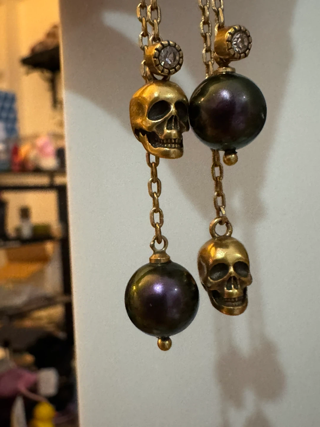 Skull and Pearl Chain Earrings - photo 2
