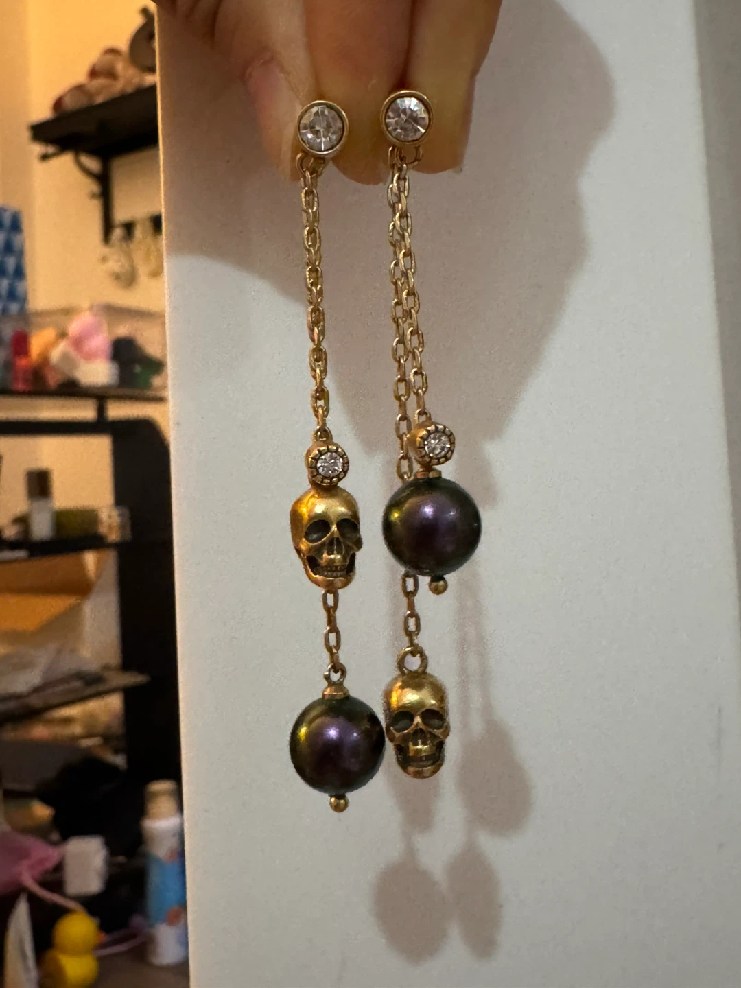 Skull and Pearl Chain Earrings