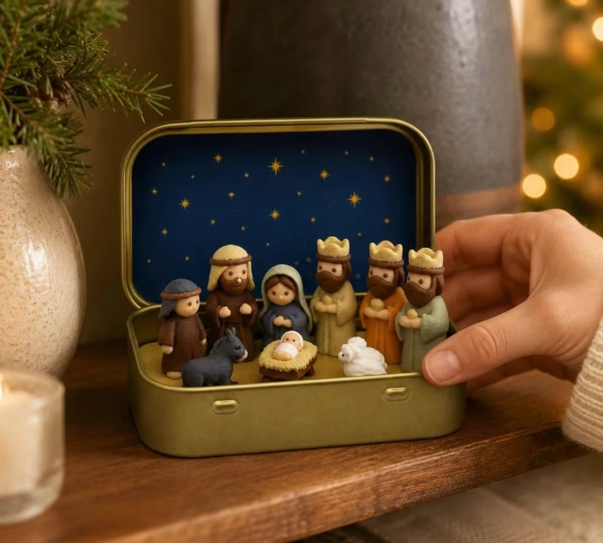 Miniature Nativity Set in Gold Tin