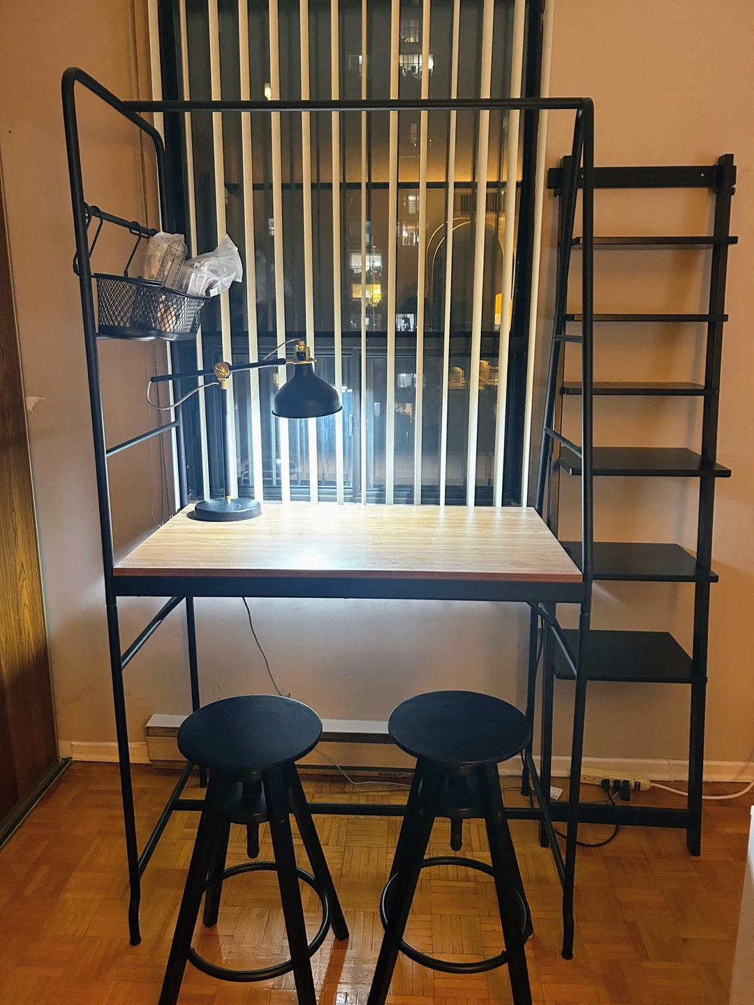Industrial Desk and Shelving Set with Two Stools