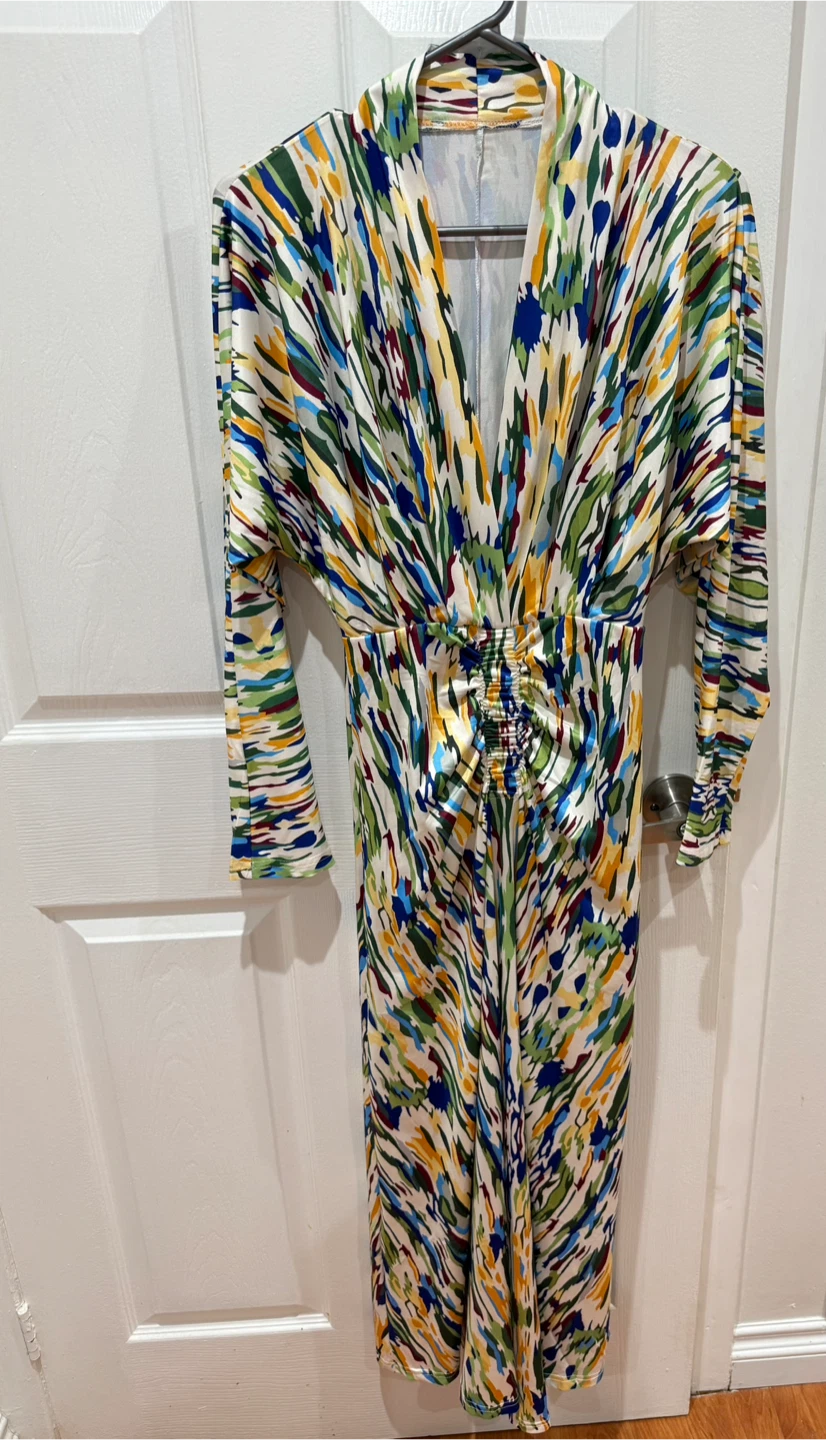Abstract Multicolor Print Long Sleeve Maxi Dresses - photo 5