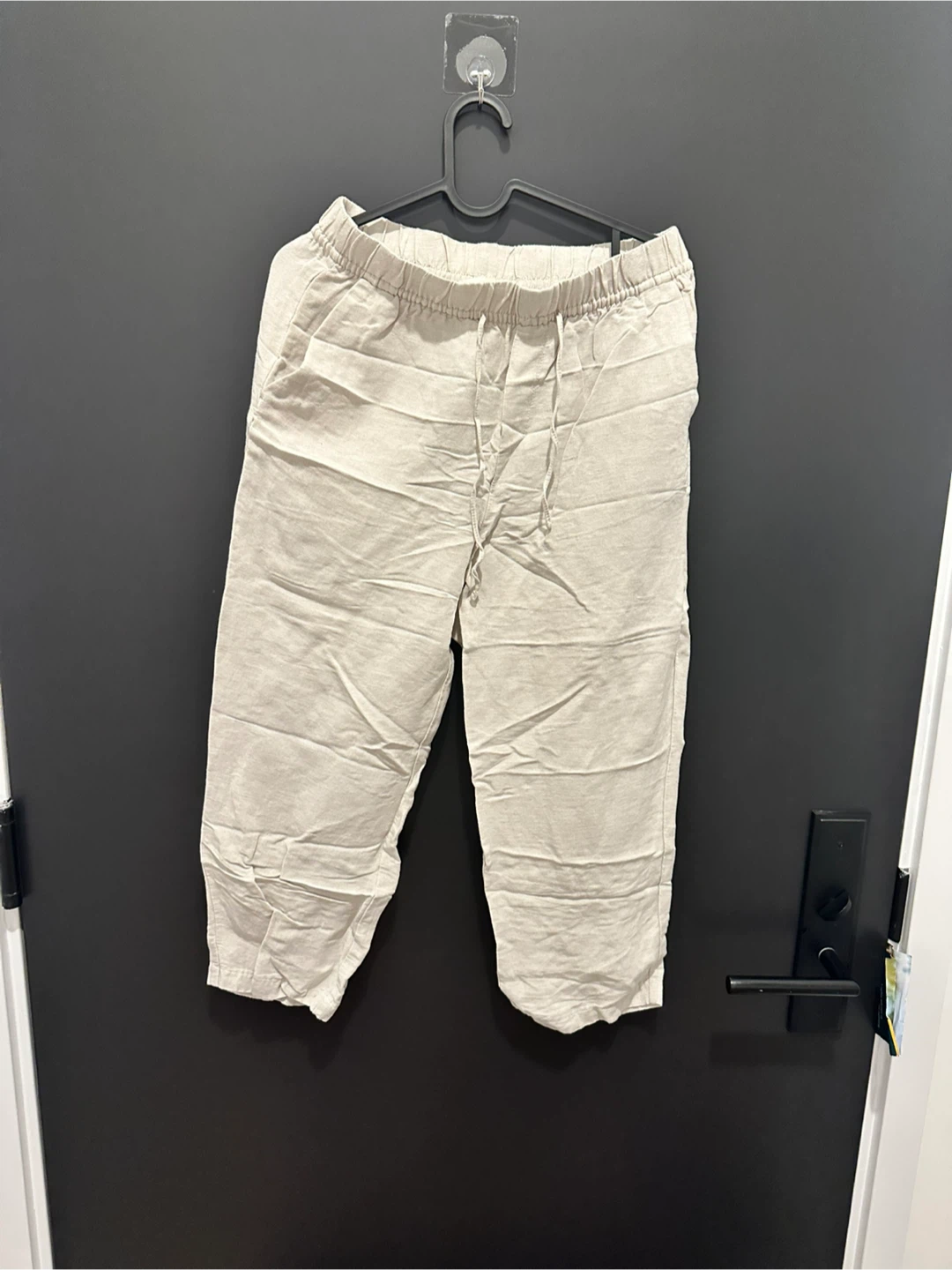 Beige Linen Blend Cropped Trousers