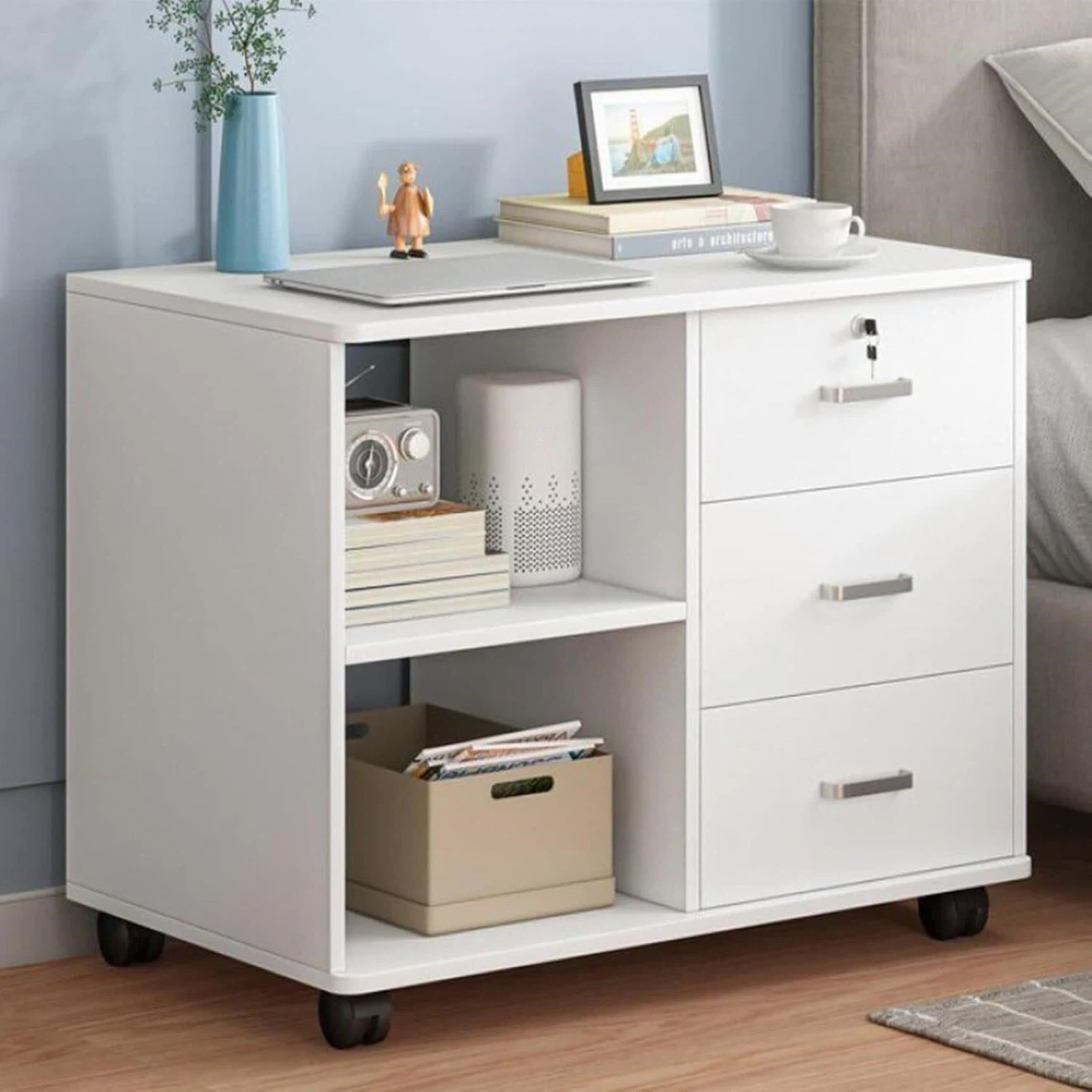 White Mobile Filing Cabinet with 3 Drawers