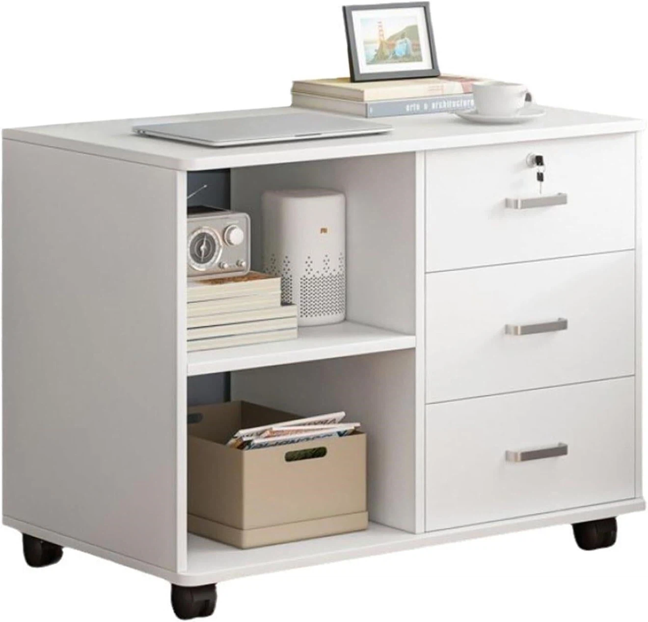 White Mobile Filing Cabinet with 3 Drawers - photo 2