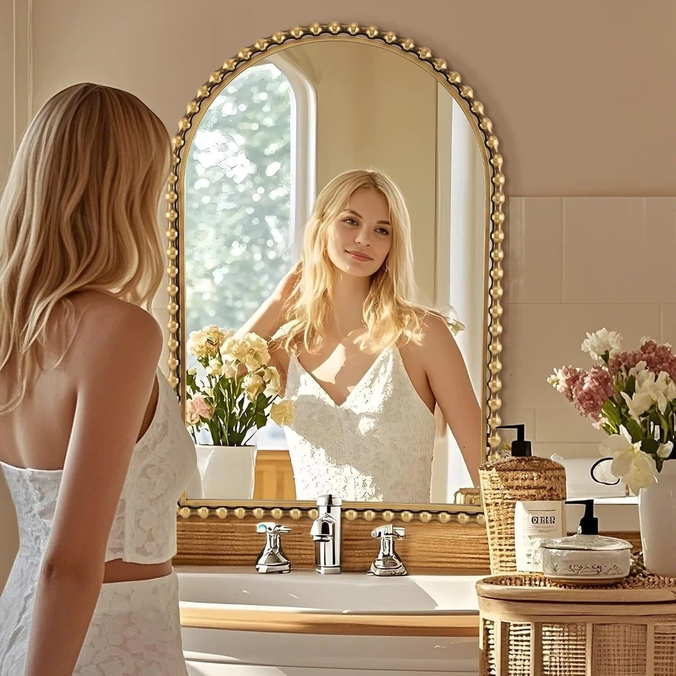 Arched Gold Beaded Wall Mirror