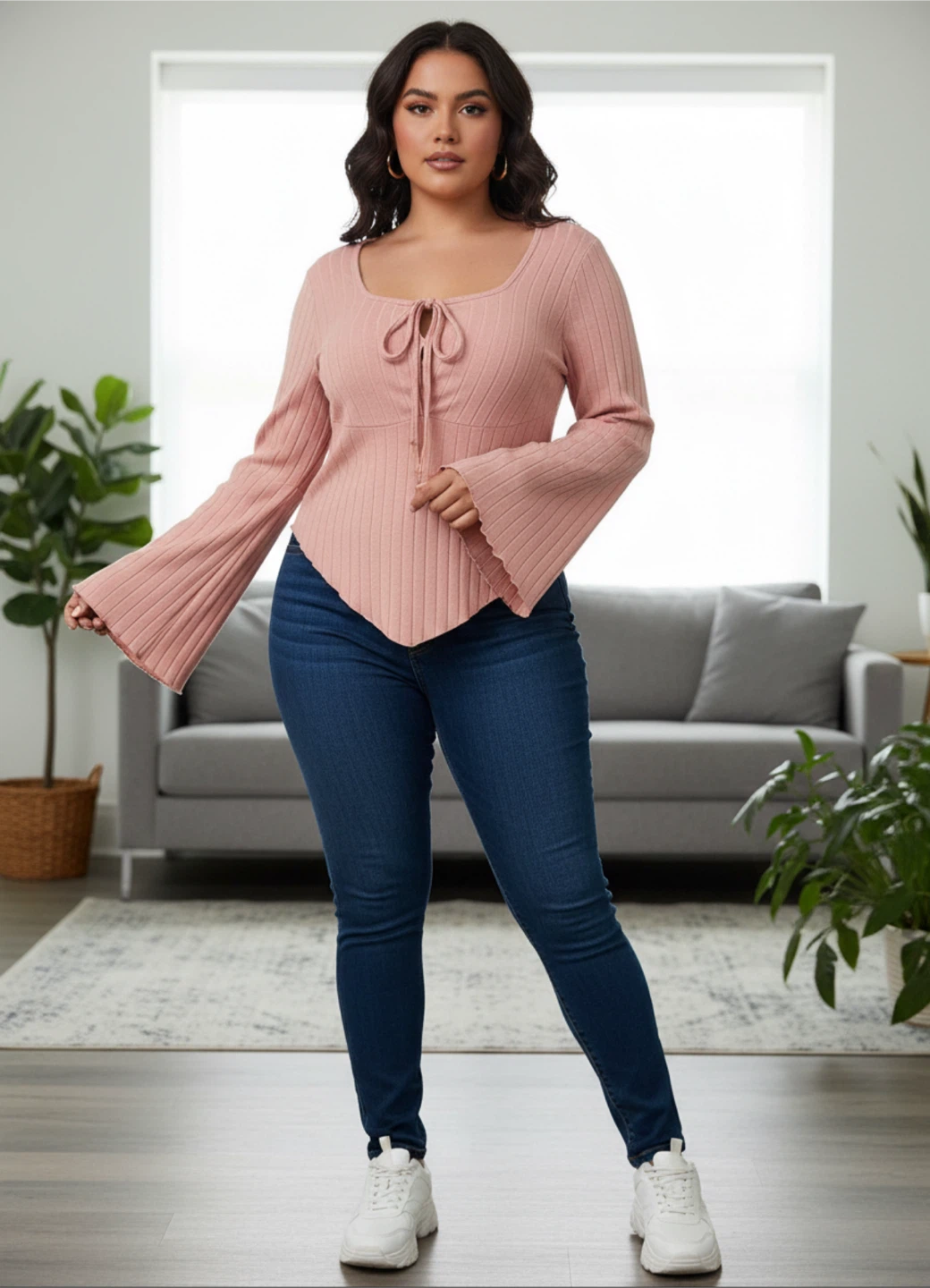 SHEIN Curve Ribbed Tie-Front Long Sleeve Top