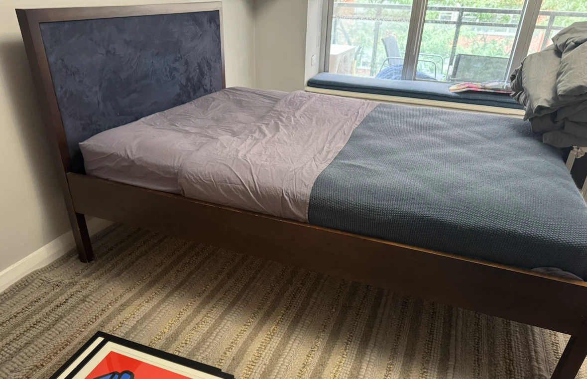 Upholstered Bed Frame with Dark Wood Finish