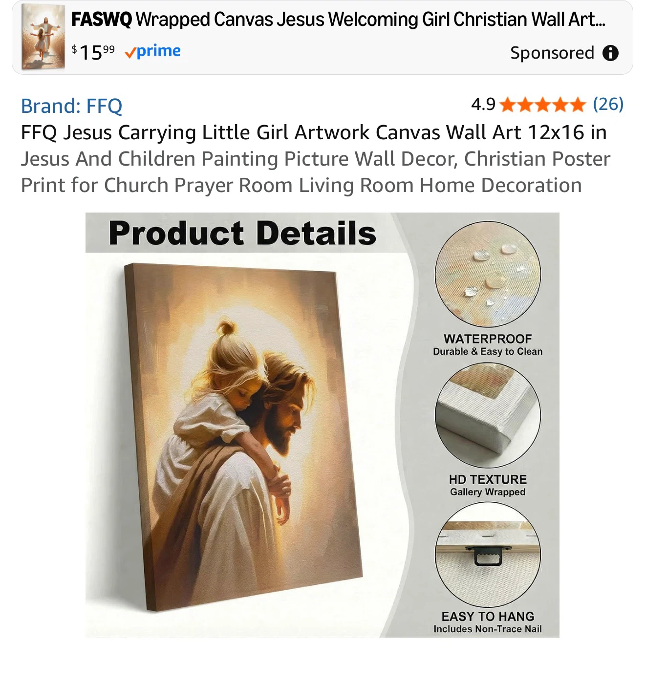 FFQ Jesus Carrying Little Girl Canvas Wall Art - photo 3