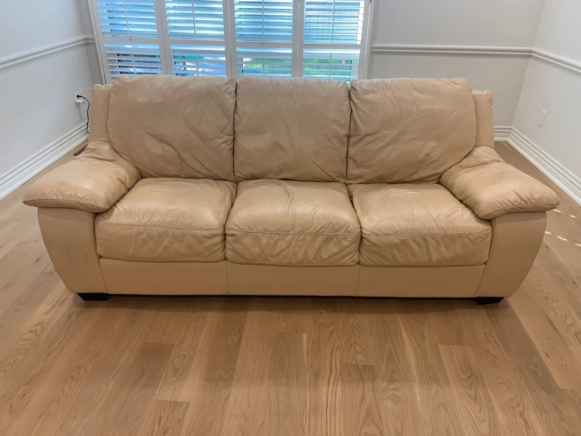 Beige Leather Three-Seater Sofa