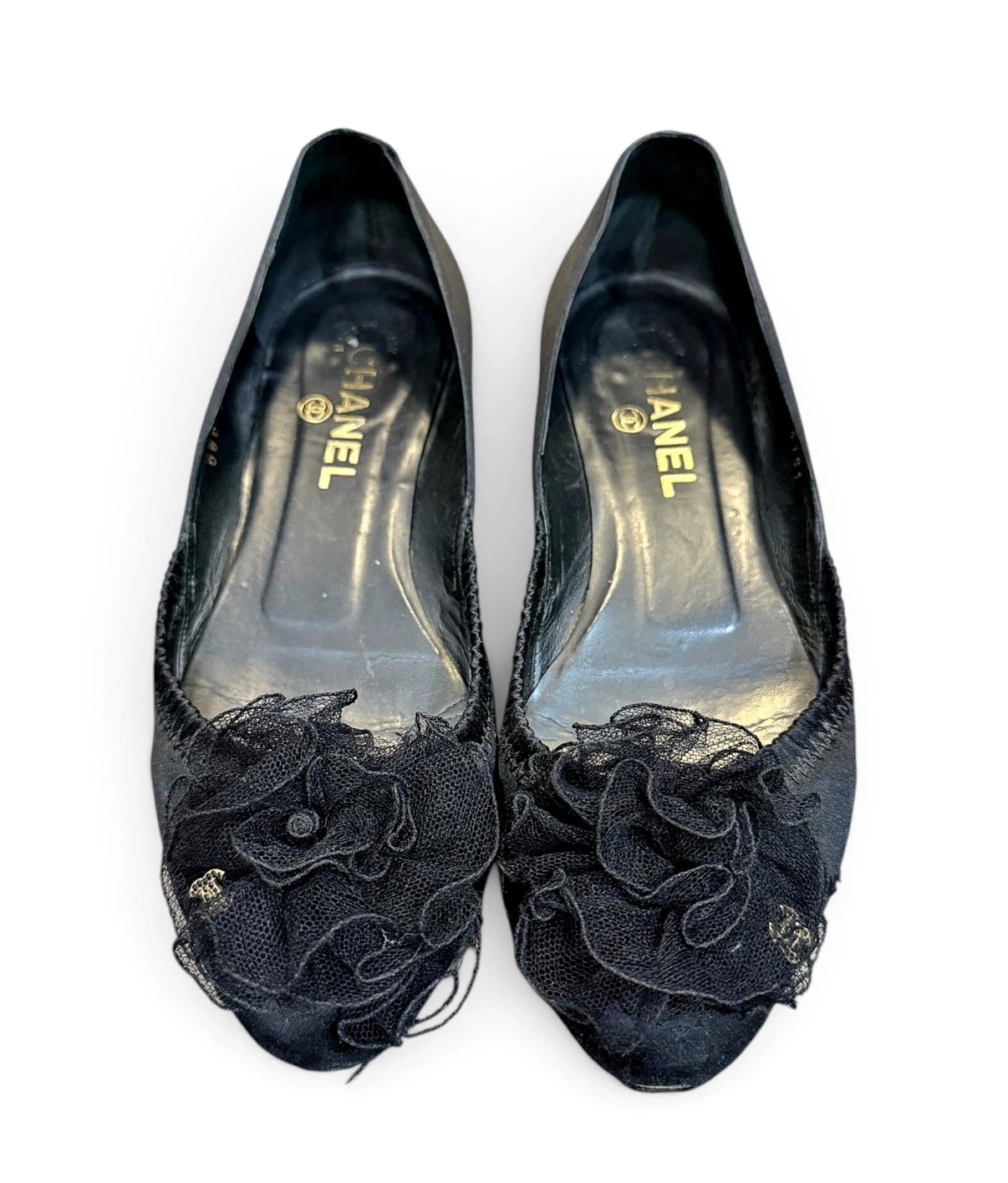 Chanel Black Satin Flower Ballet Flats