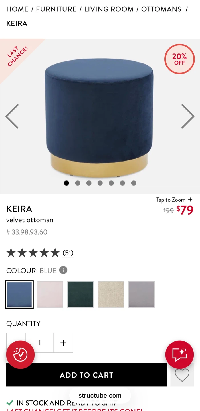 2 x Structube Keira Velvet Ottoman - Blue - photo 4