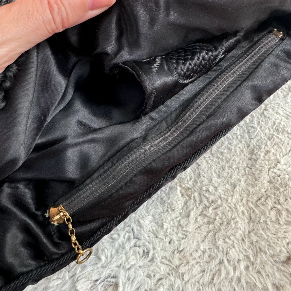 Vintage Hand Muff Warmer Black Satin & Persian Lambwool - photo 5