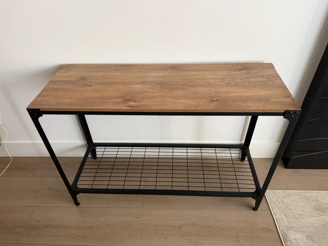 Industrial console table with wood-look top