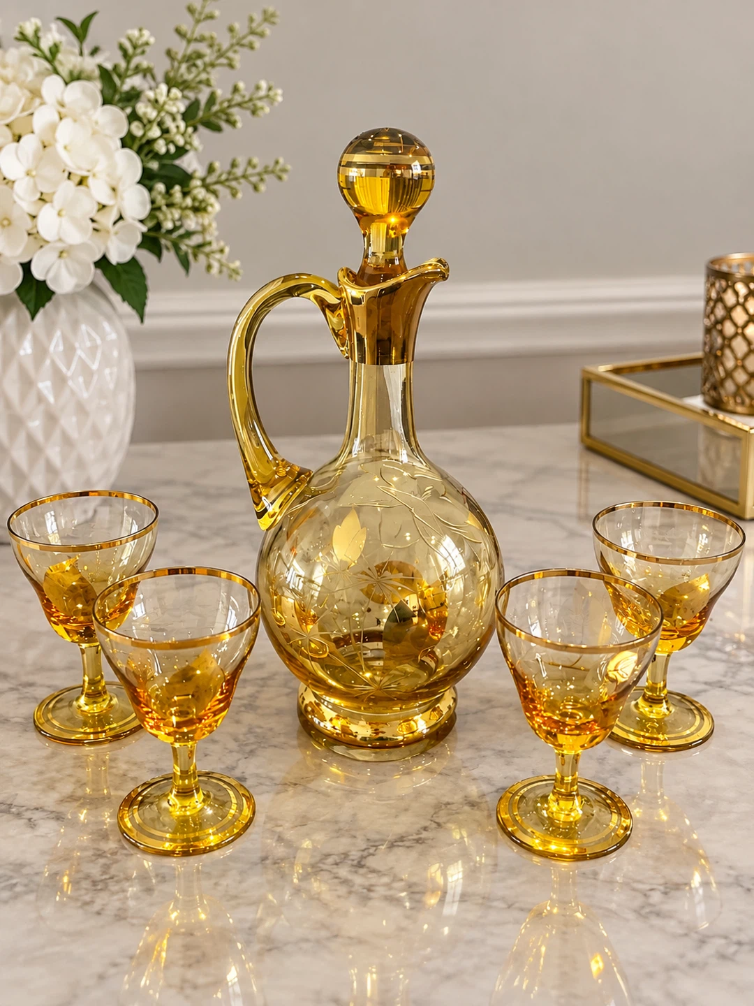Vintage Amber Gold Glass Decanter & 4 Matching Wine Goblets Set