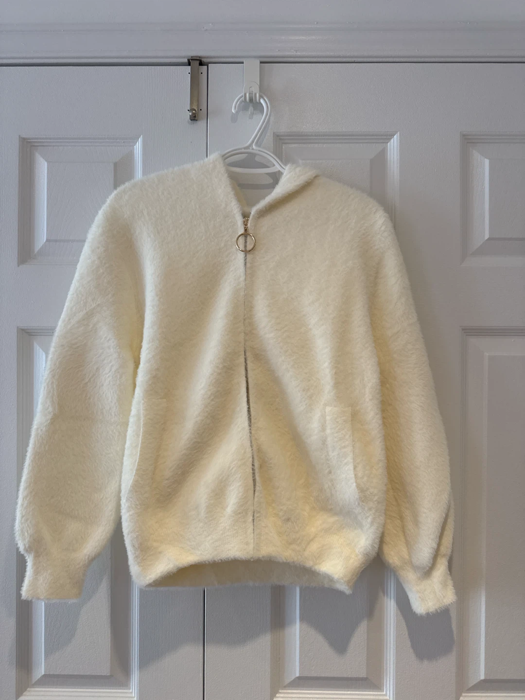 Cream Fuzzy Zip-Up Hoodie