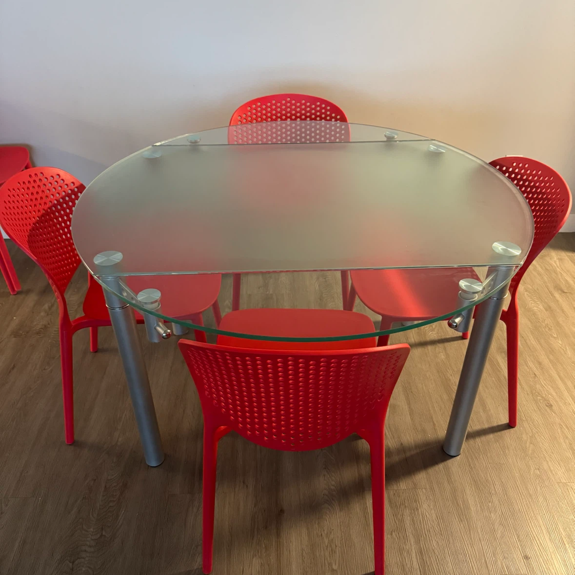 Modern Extendable Glass Dining Table and Red Chairs - photo 4