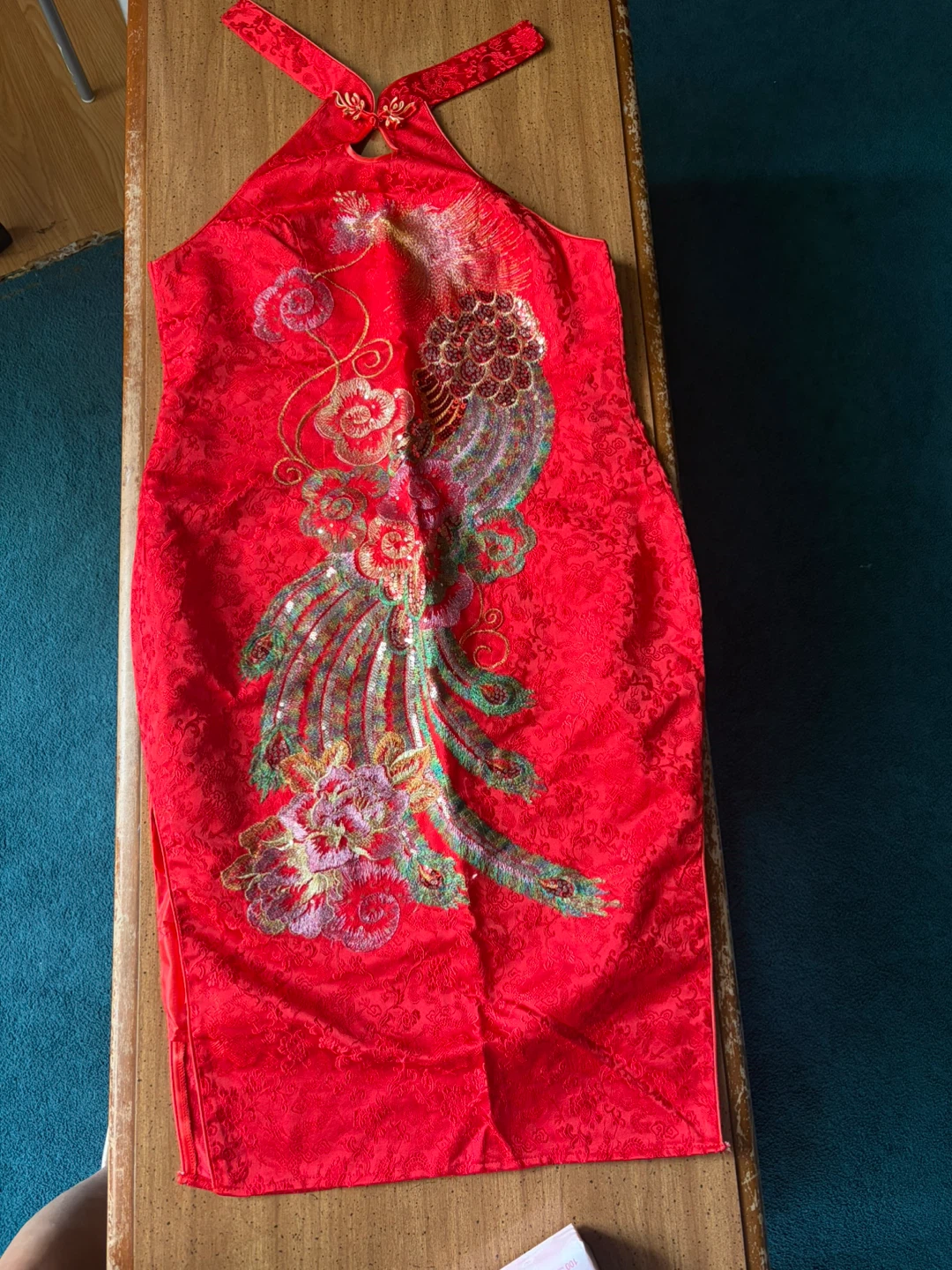 Red Embroidered Halter Cheongsam Dress