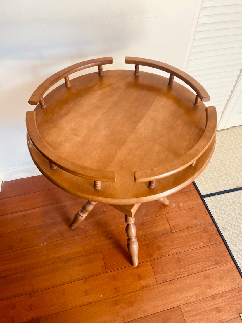 Vintage Round Wood Side Table with Gallery Rail