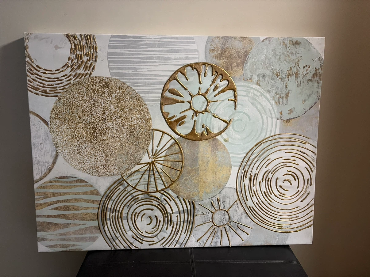 Abstract Circular Gold and White Canvas Art