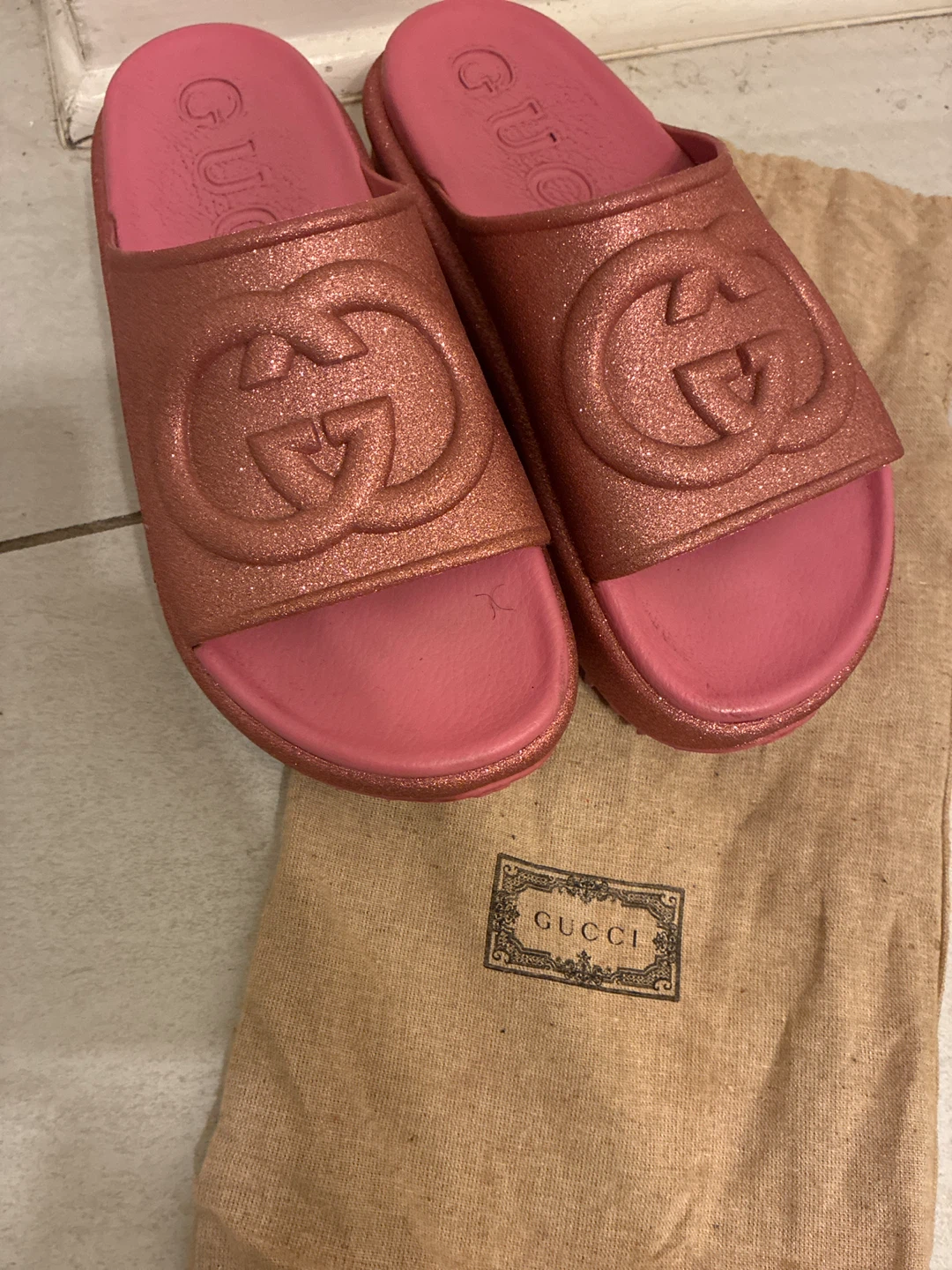 Gucci Pink Glitter Platform Slides