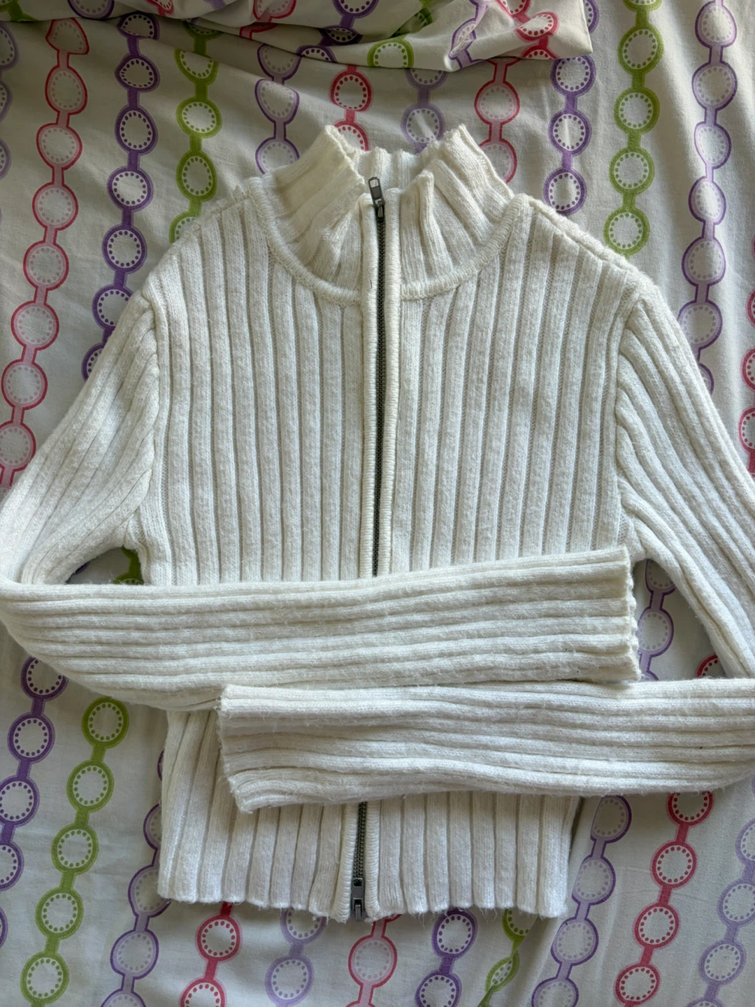 Garage White Ribbed Zip-Up Sweater