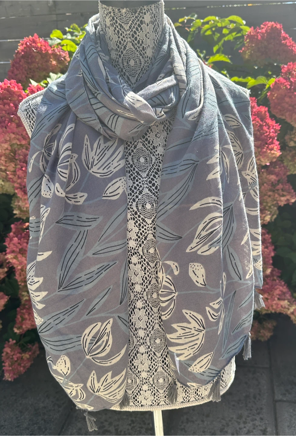 Blue and White Floral Pattern Scarf