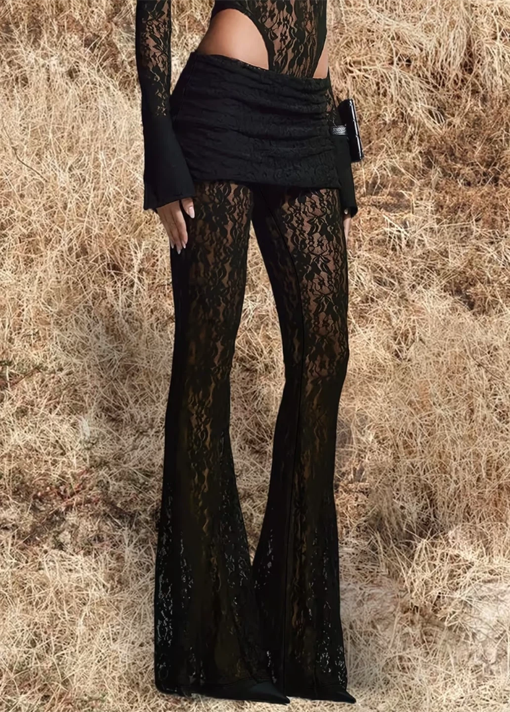 Black lace flare trousers
