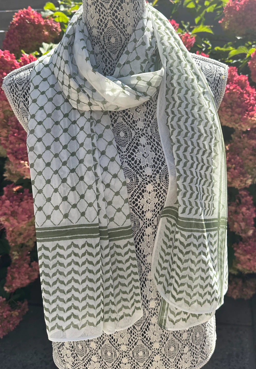Olive and white patterned chiffon  scarf