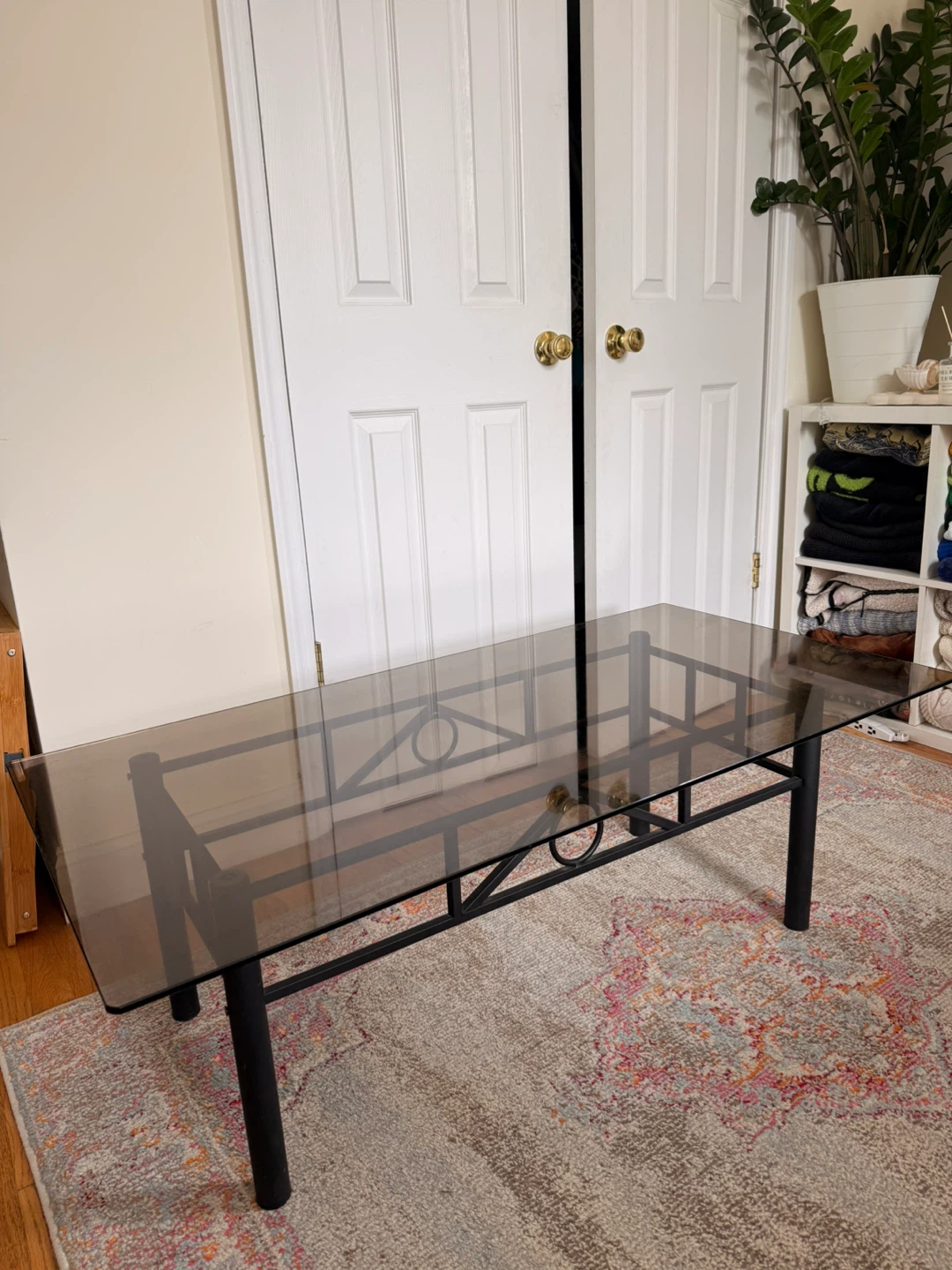 Coffee Table with Smoked Glass Top & Black Metal Base