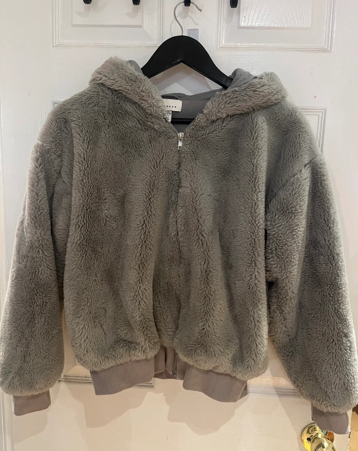Topshop Grey Faux Fur Zip-Up Hoodie