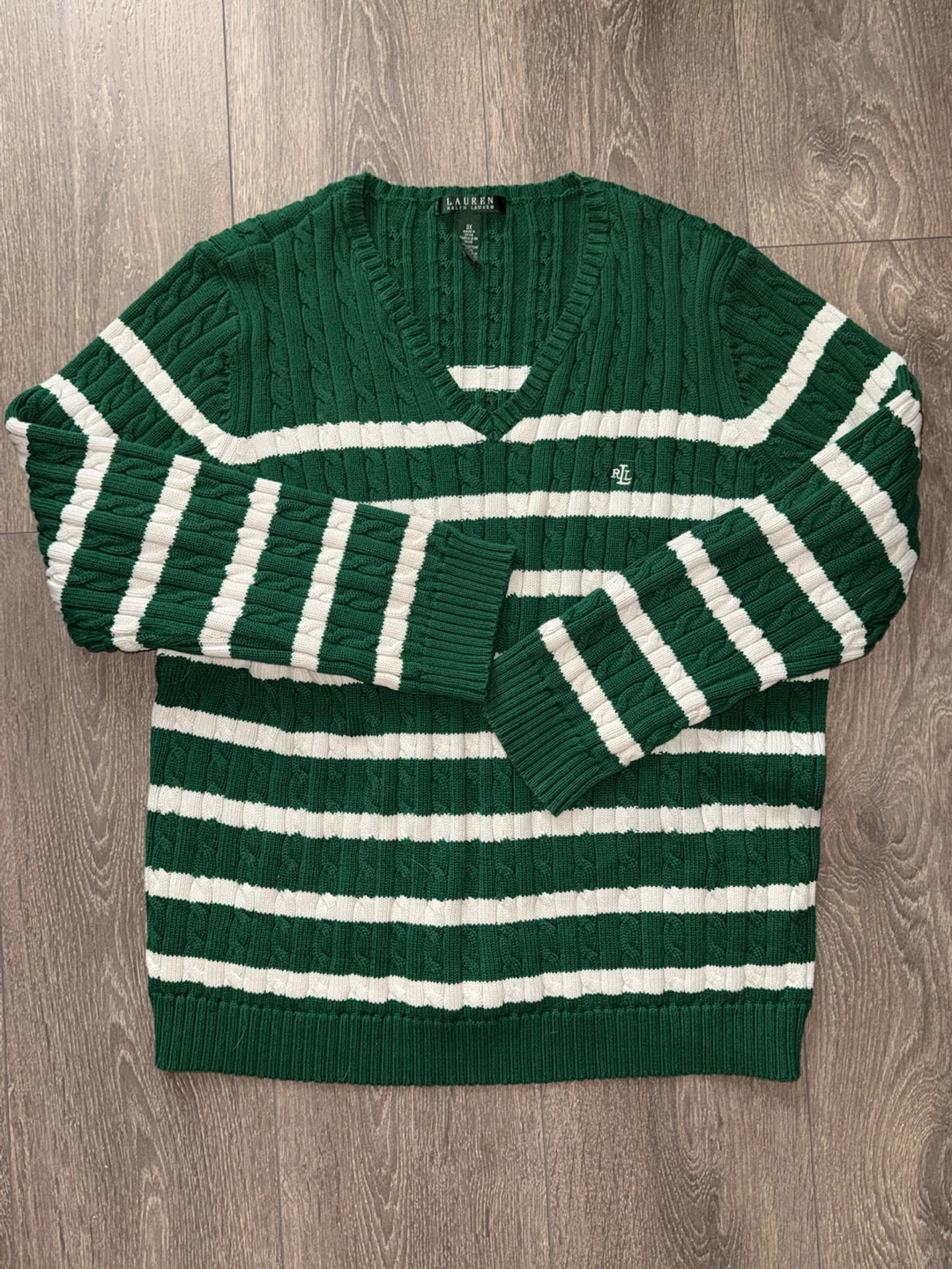 Lauren Ralph Lauren Green and White V-Neck Sweater