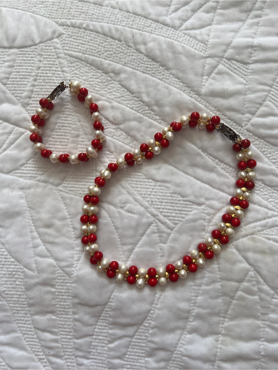 Red Bead and Pearl Necklace and Bracelet Set