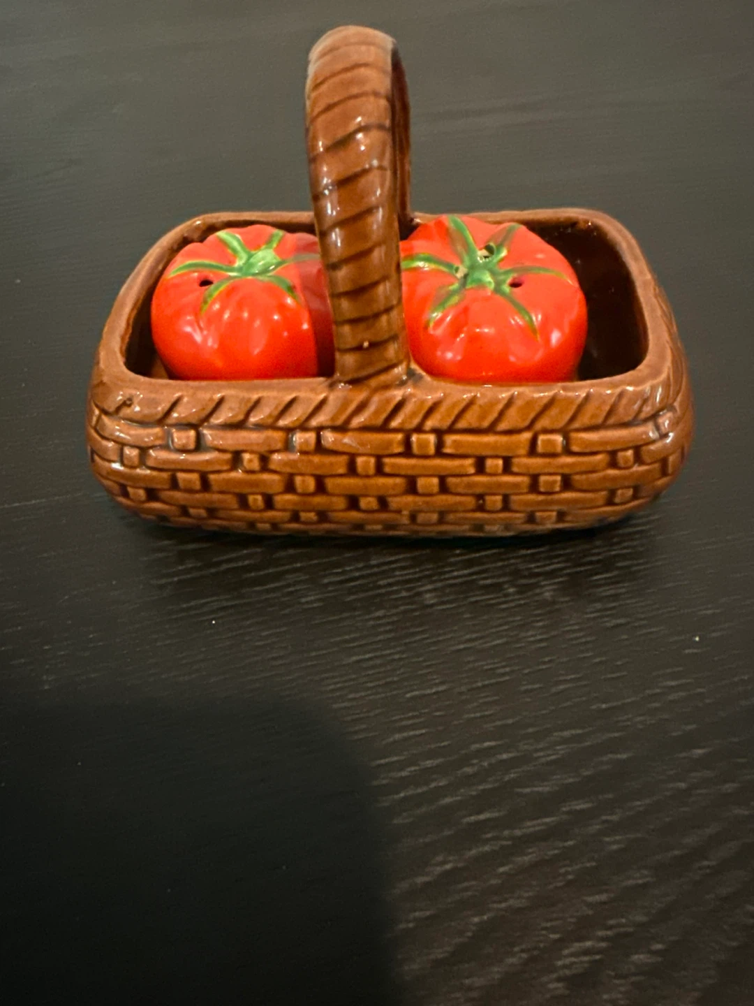 Vintage Tomato Salt and Pepper Shakers with Basket