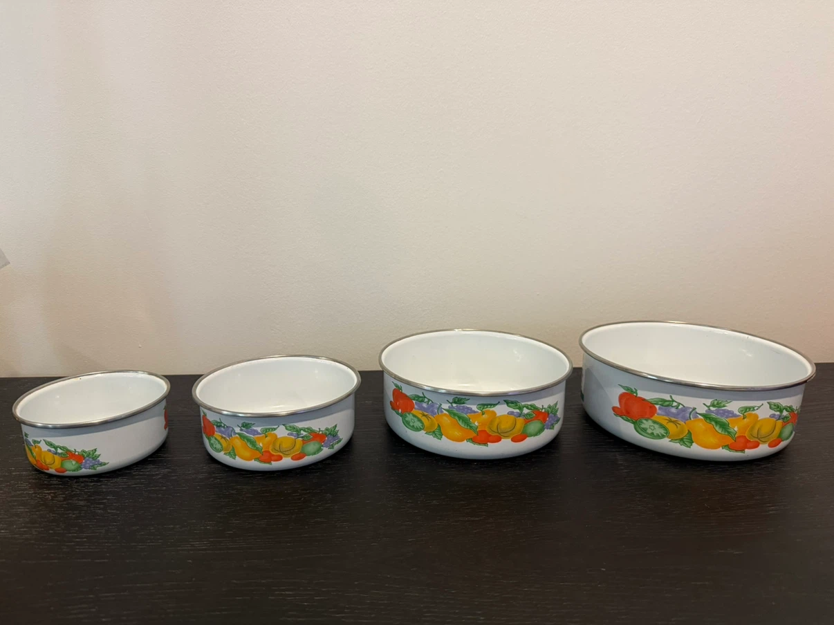 Set of 4 Vintage Enamel Fruit Print Mixing Bowls