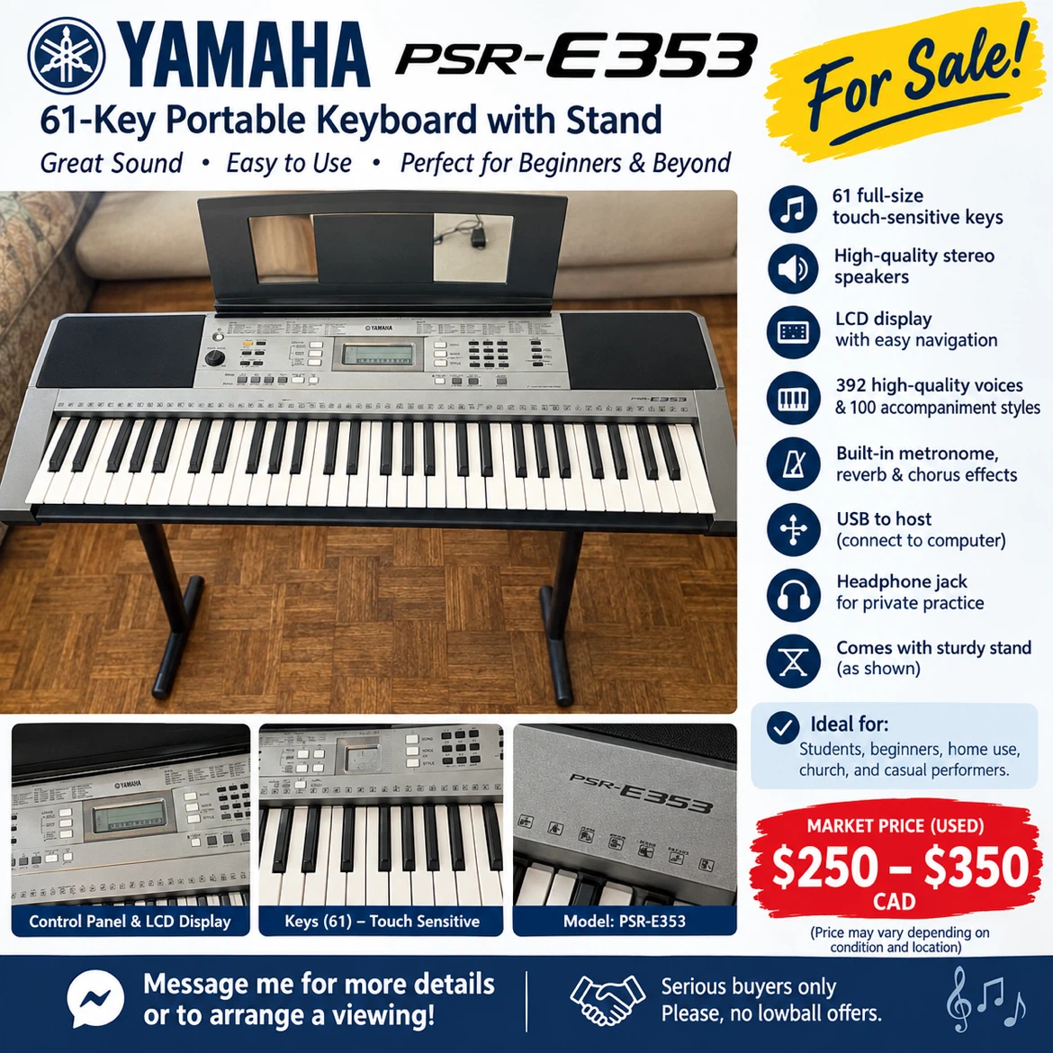 Yamaha PSR-E353 61-Key Portable Keyboard with Stand