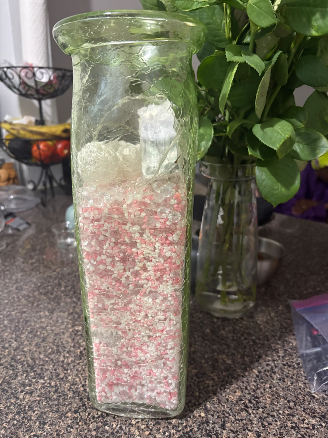 Green Crackle Glass Vase with Decorative Fill