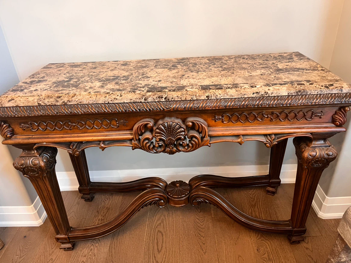 Ornate Wood Console Table with Marble Top