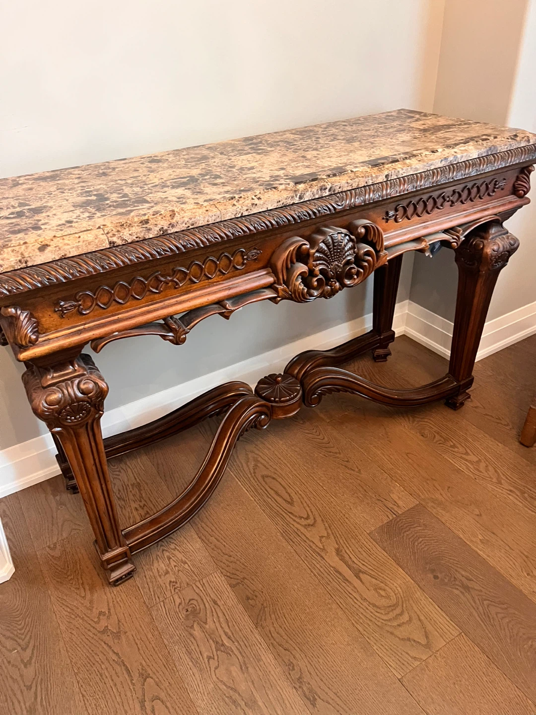 Ornate Wood Console Table with Marble Top - photo 2