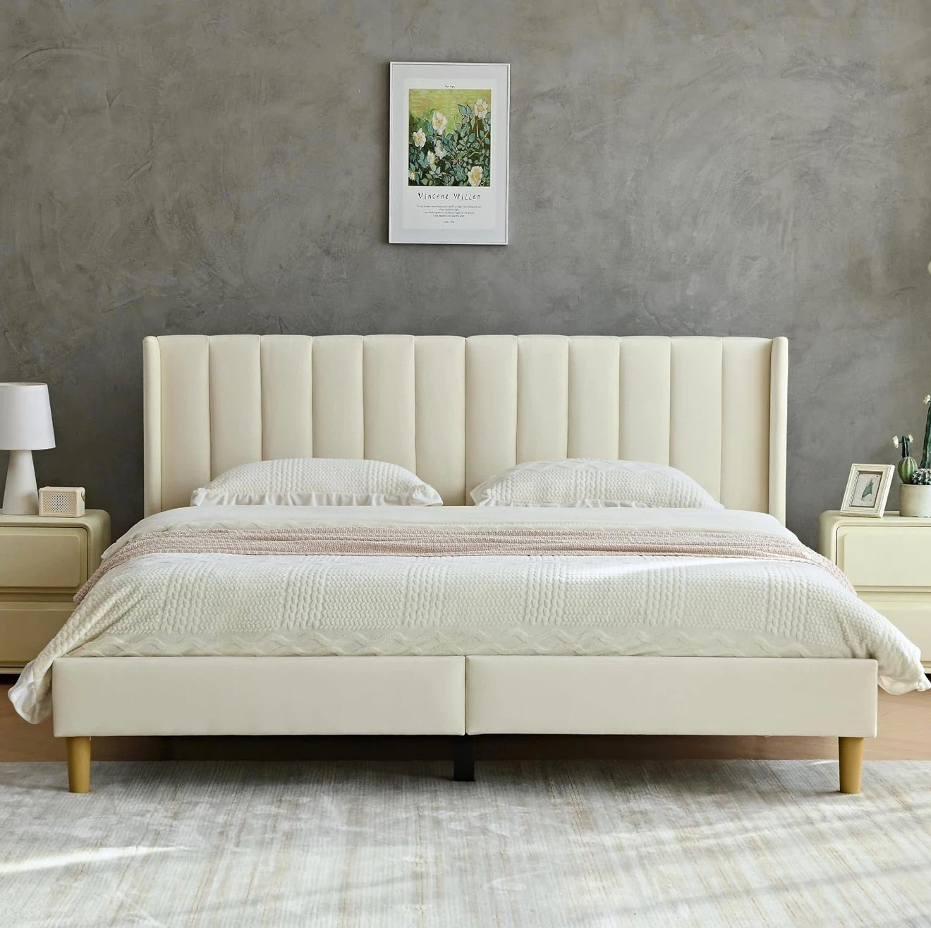 Cream Upholstered king Bed Frame