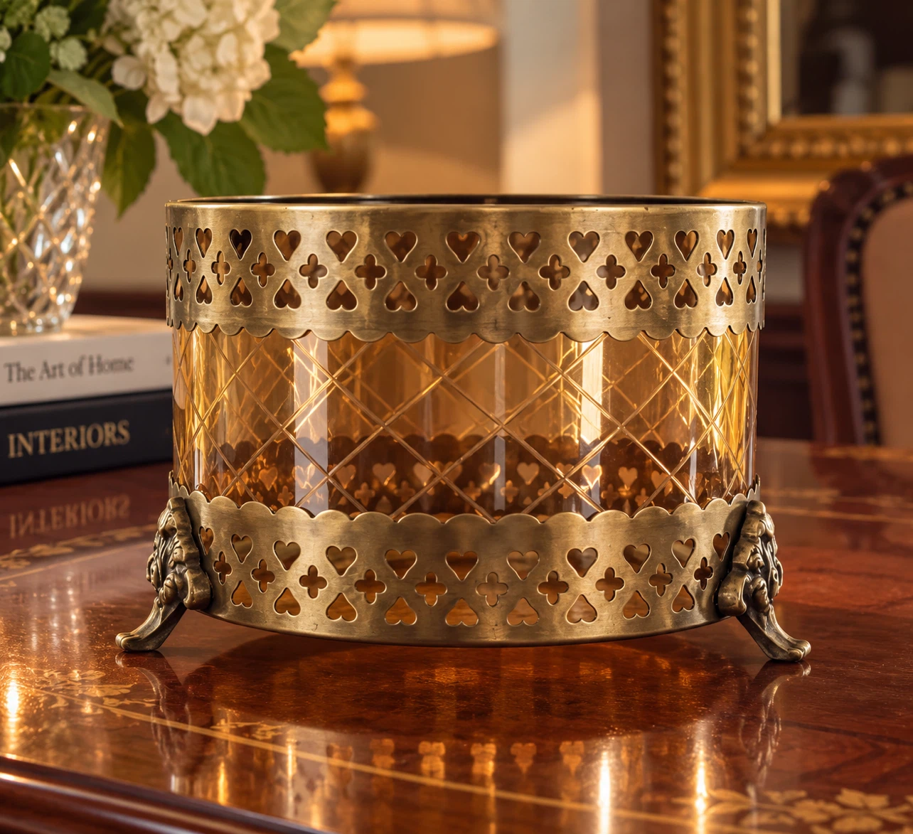 Vintage Style Amber Glass and Brass Planter or Bowl
