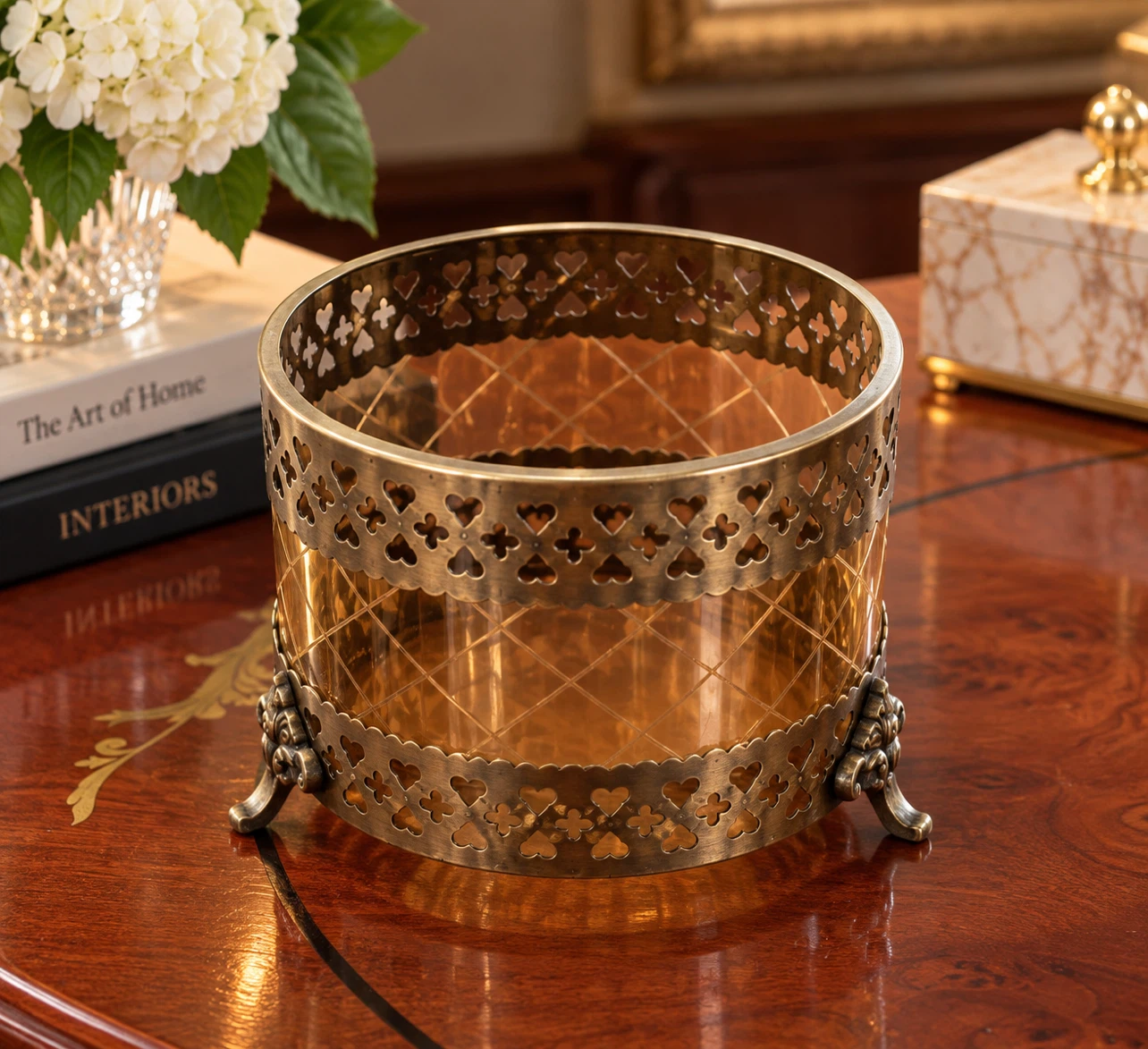 Vintage Style Amber Glass and Brass Planter or Bowl - photo 2