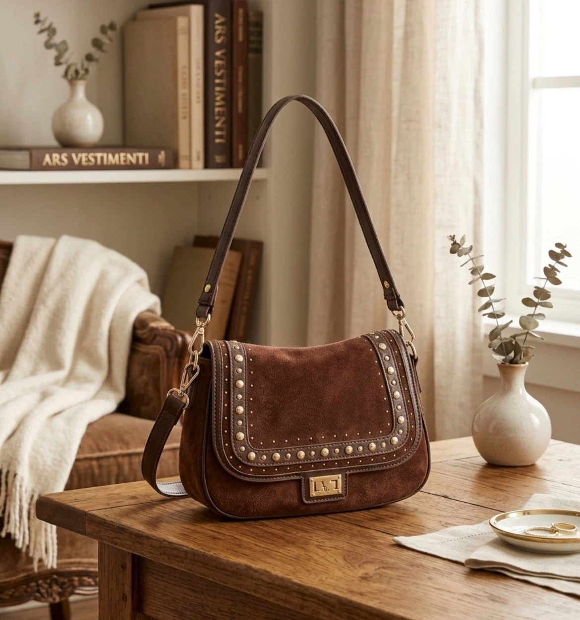 Brown Suede Studded Shoulder Bag