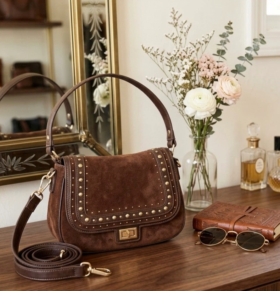 Brown Suede Studded Shoulder Bag - photo 2