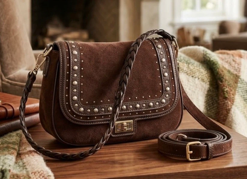 Brown Suede Studded Shoulder Bag - photo 3