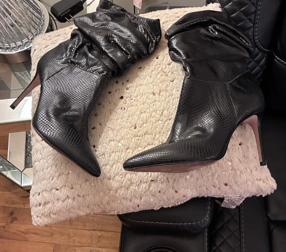 Schutz Black Snake Print Slouchy Stiletto Boots