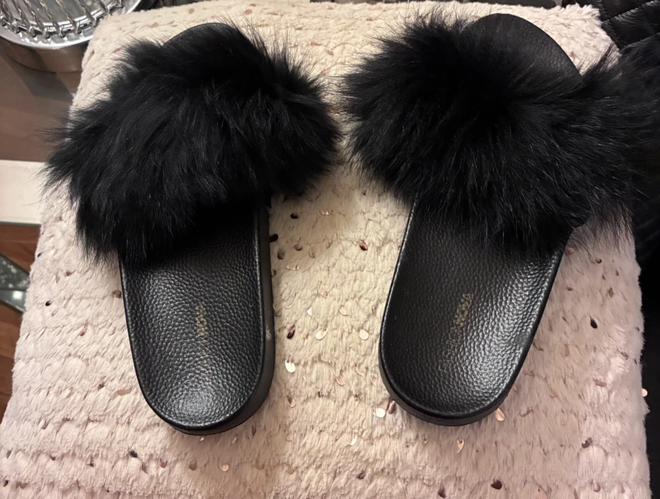 Fashion Nova Black Fur Slides