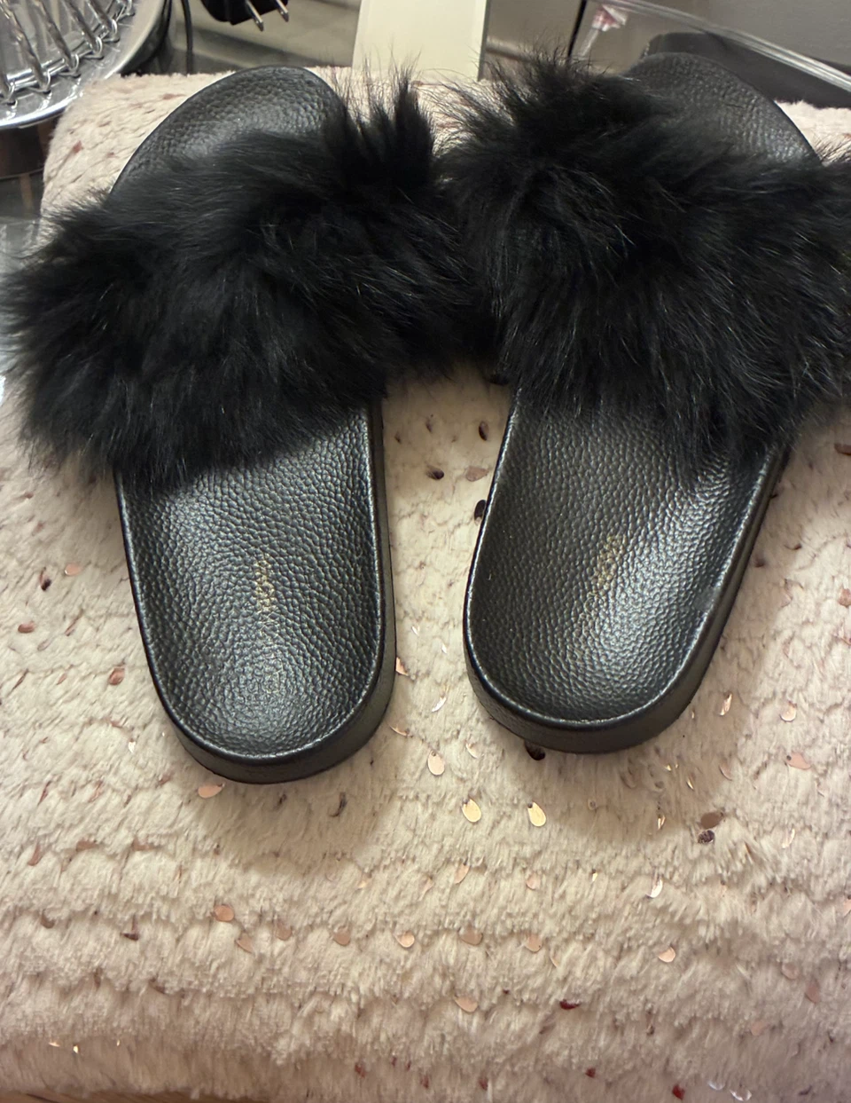 Fashion Nova Black Fur Slides - photo 2