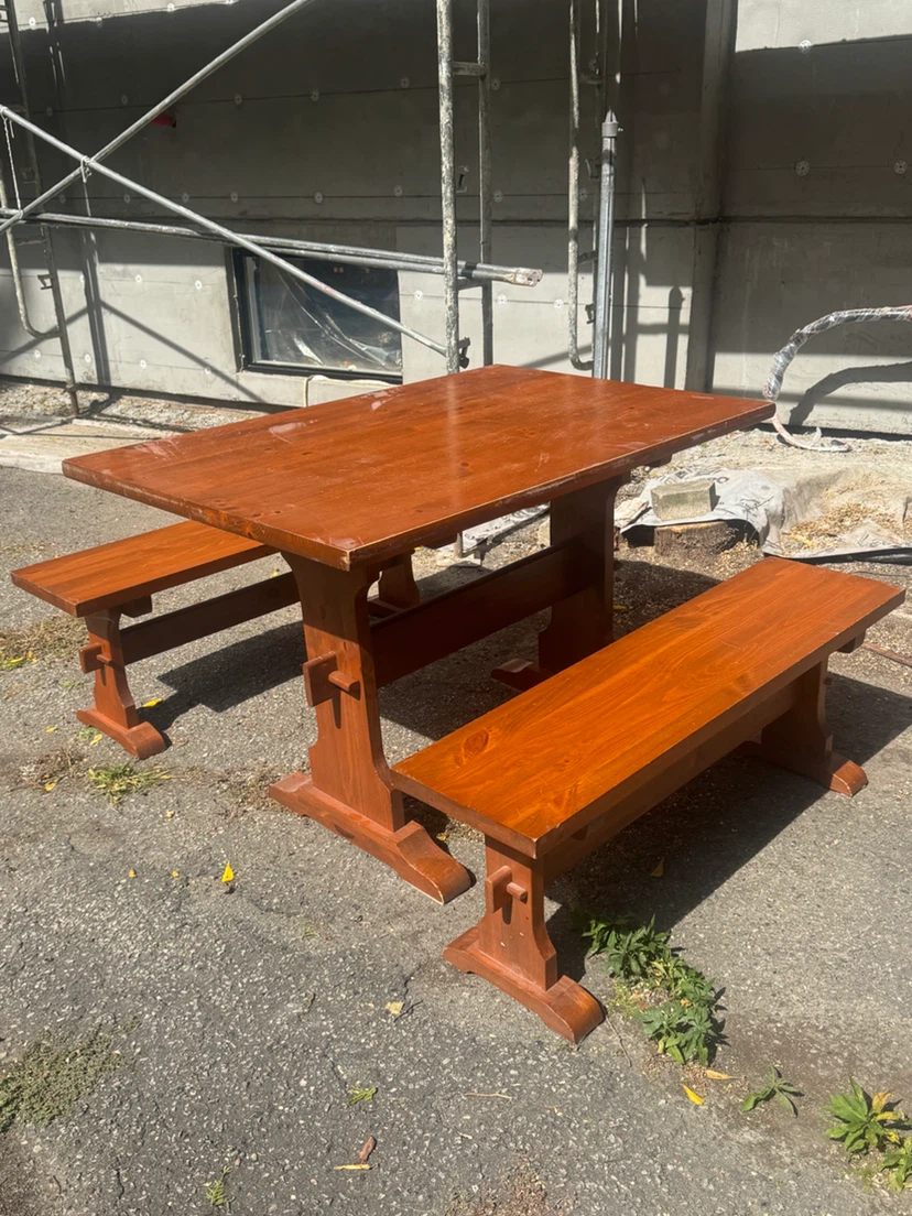 Wood Picnic Table with Two Benches