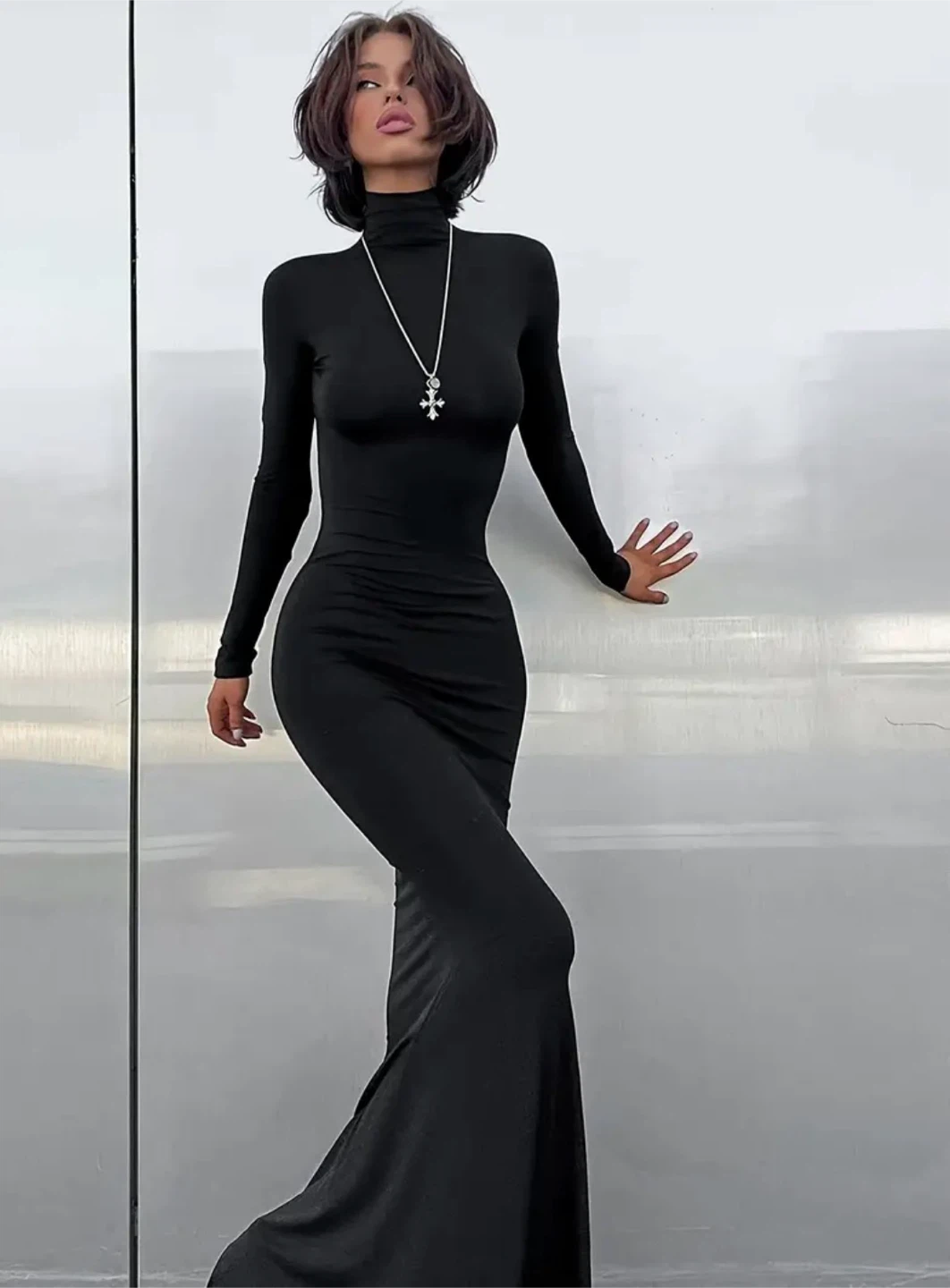 Black Mock Neck Long Sleeve Maxi Dress